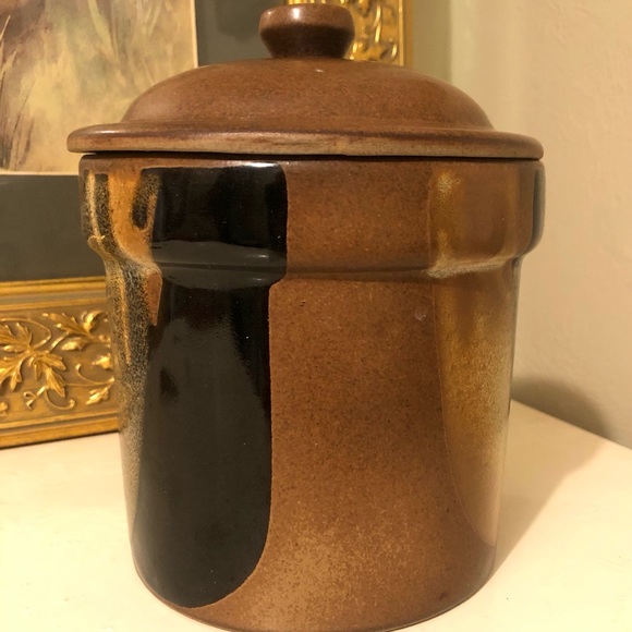 8037 Vintage Pottery Craft Jar with Lid Cocoa Brown Tan Black Knobbed Lid - Picture 2 of 13